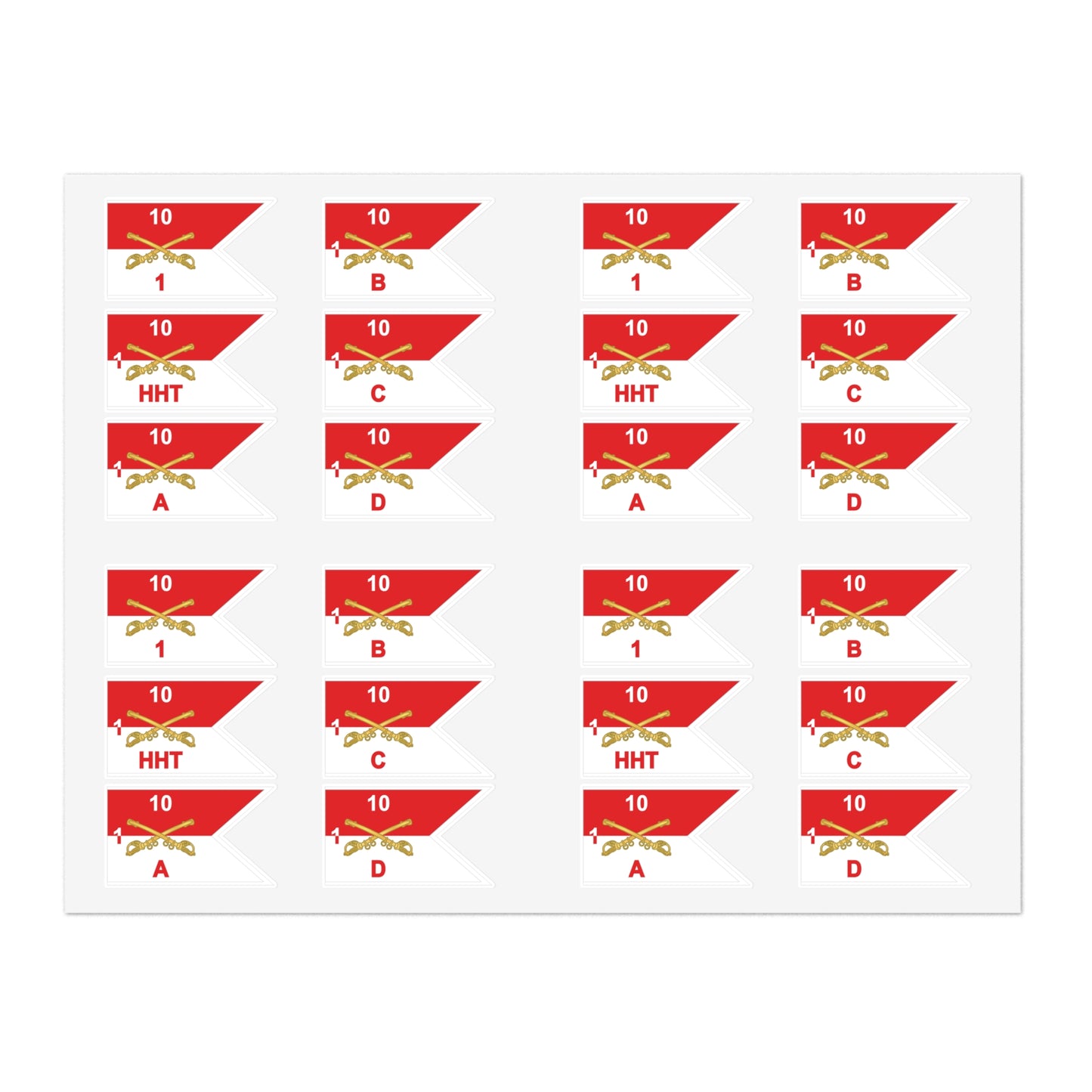 Military Sticker Sheets, 1st Squadron, 10th Cavalry Regiment with All Troop Guidons, Army Decals, Patriotic Stickers, Laptop Decals, Vehicle