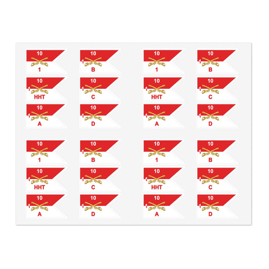 Military Sticker Sheets, 1st Squadron, 10th Cavalry Regiment with All Troop Guidons, Army Decals, Patriotic Stickers, Laptop Decals, Vehicle
