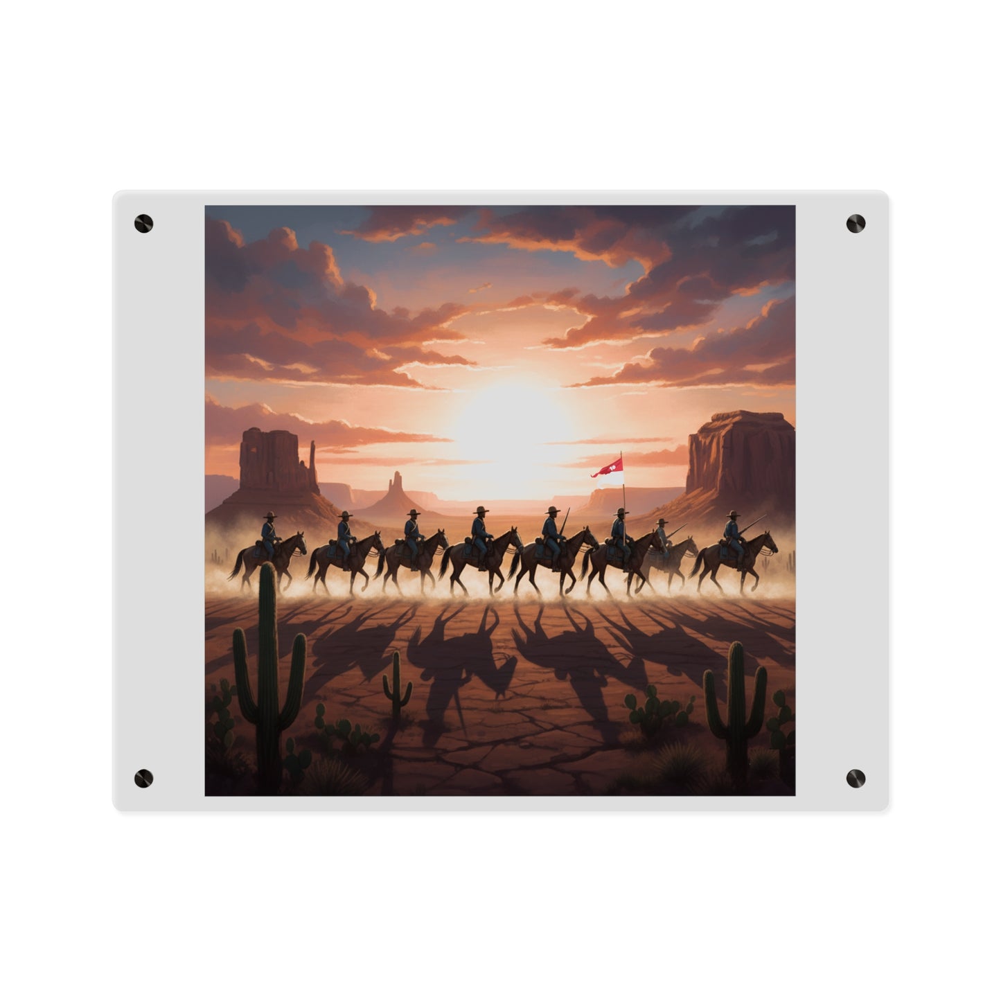 Acrylic Wall Art Panel - 10th Cavalry on Patrol in the sunset w 10th Cav Guidon