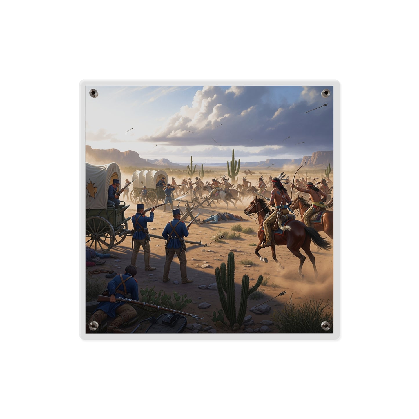 Acrylic Wall Art Panel - Apache Indians attacking a US Army defending a wagon train