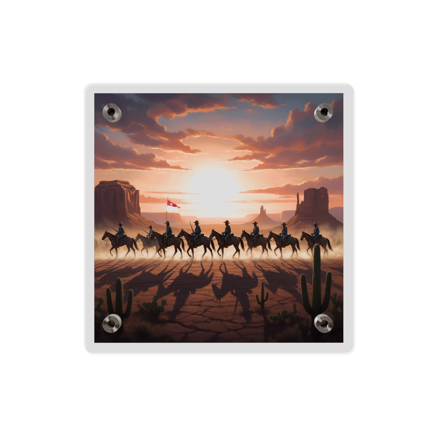 Acrylic Wall Art Panel - 10th Cavalry on Patrol in the sunset w 10th Cav Guidon