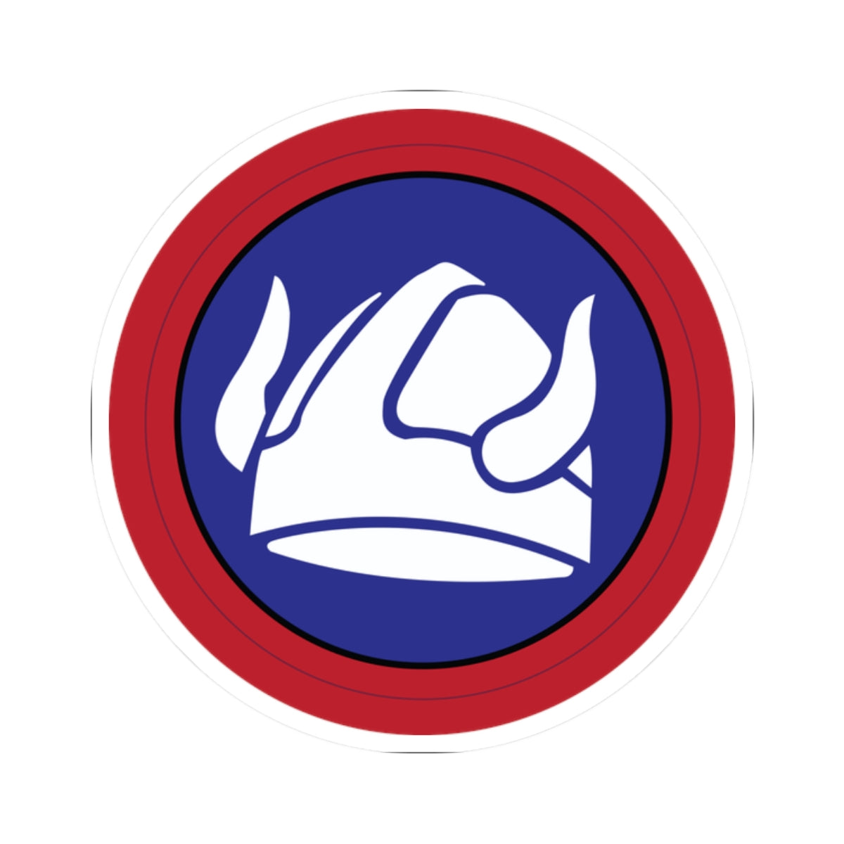 A circular sticker with a white design of a Viking helmet, surrounded by a red ring, against a blue background.