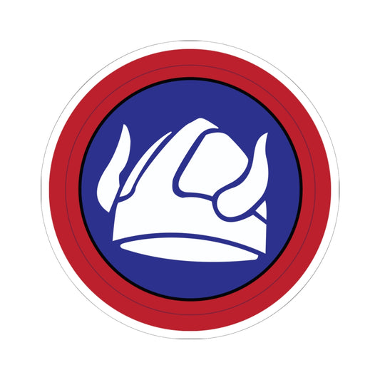 A circular sticker with a white design of a Viking helmet, surrounded by a red ring, against a blue background.