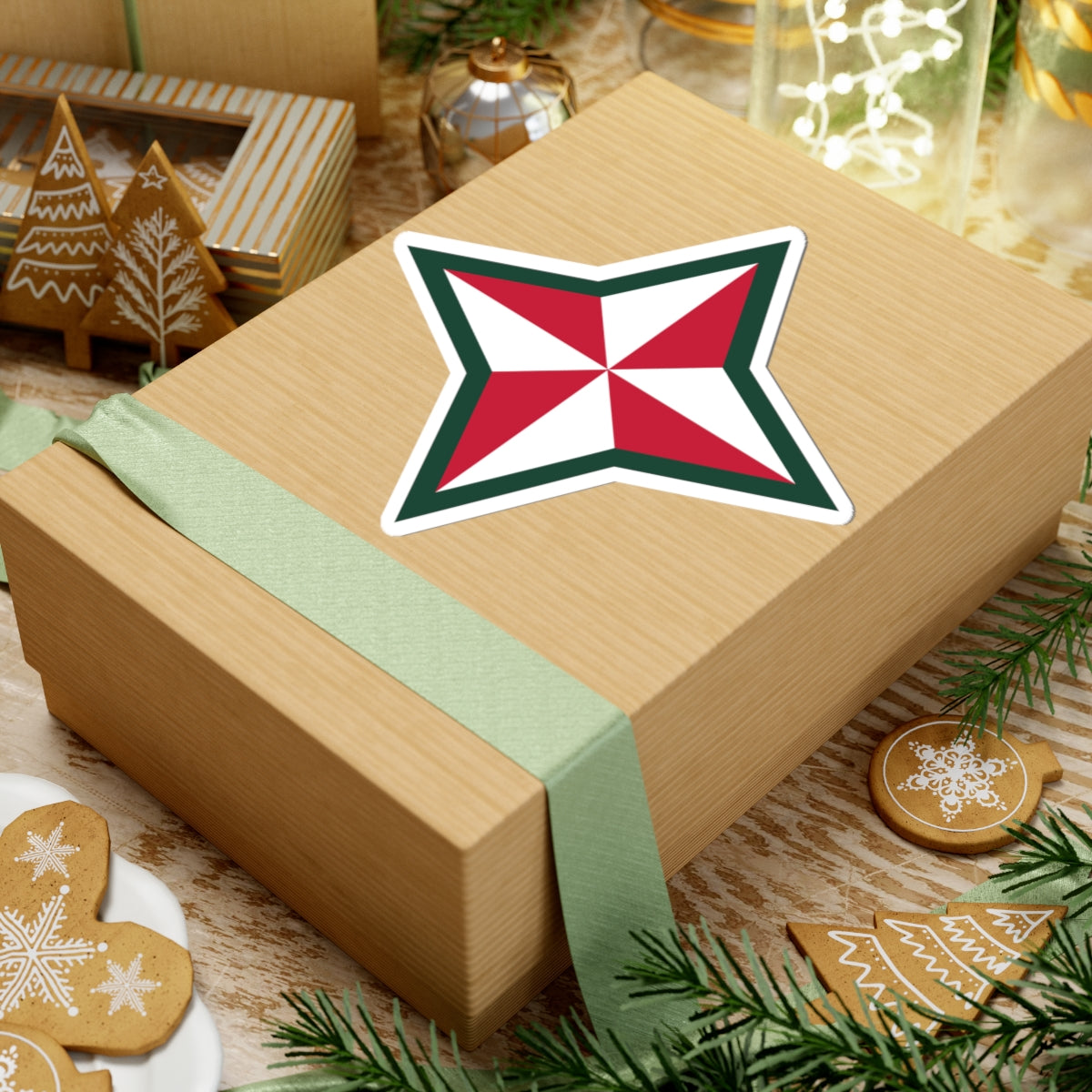 A shaped sticker with a design that resembles a star, predominantly white with red and green accents, likely representing the 48th Infantry Division.