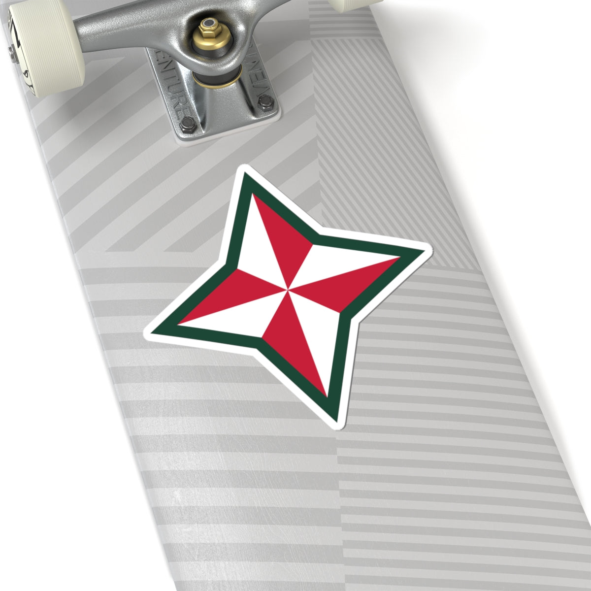 A shaped sticker with a design that resembles a star, predominantly white with red and green accents, likely representing the 48th Infantry Division.