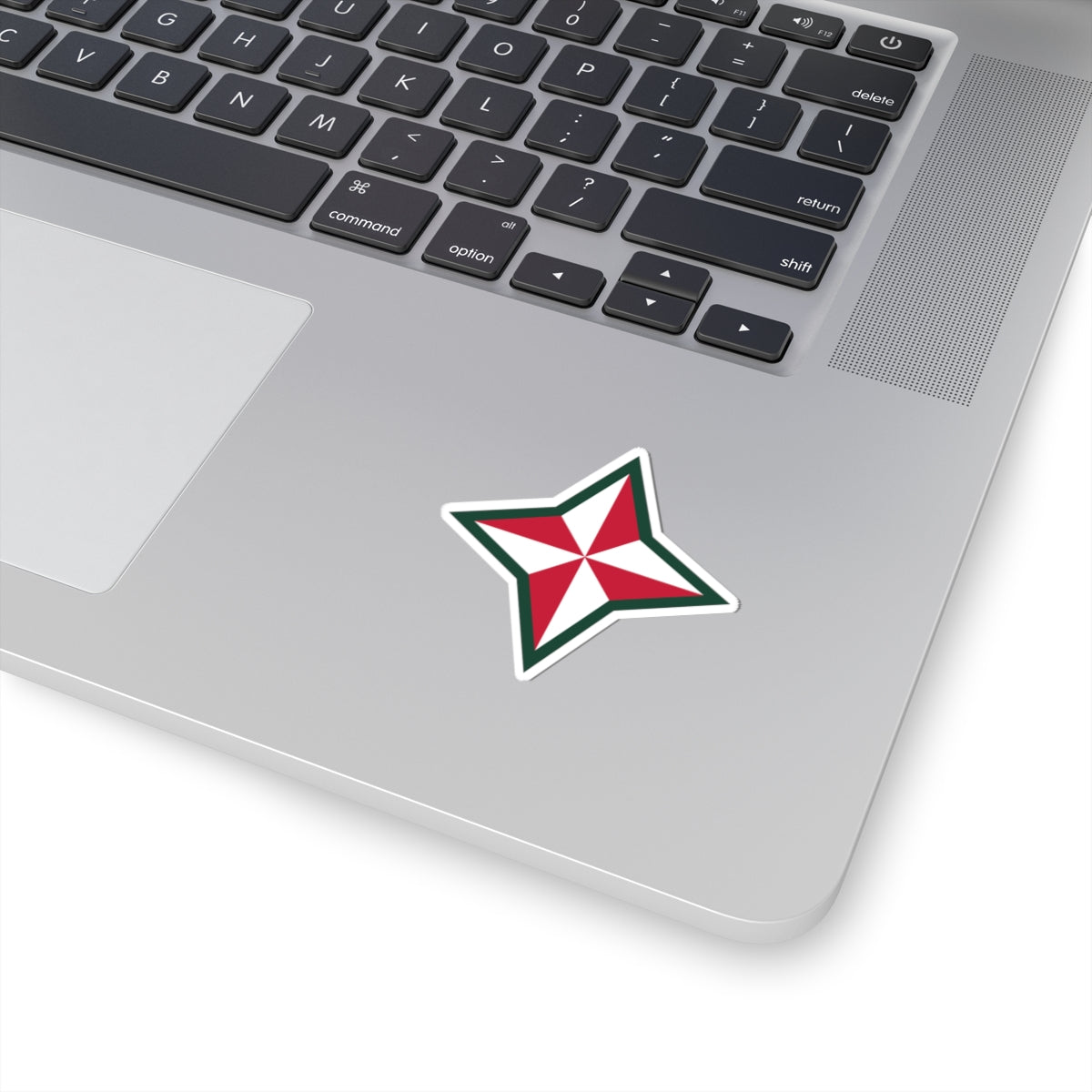A shaped sticker with a design that resembles a star, predominantly white with red and green accents, likely representing the 48th Infantry Division.