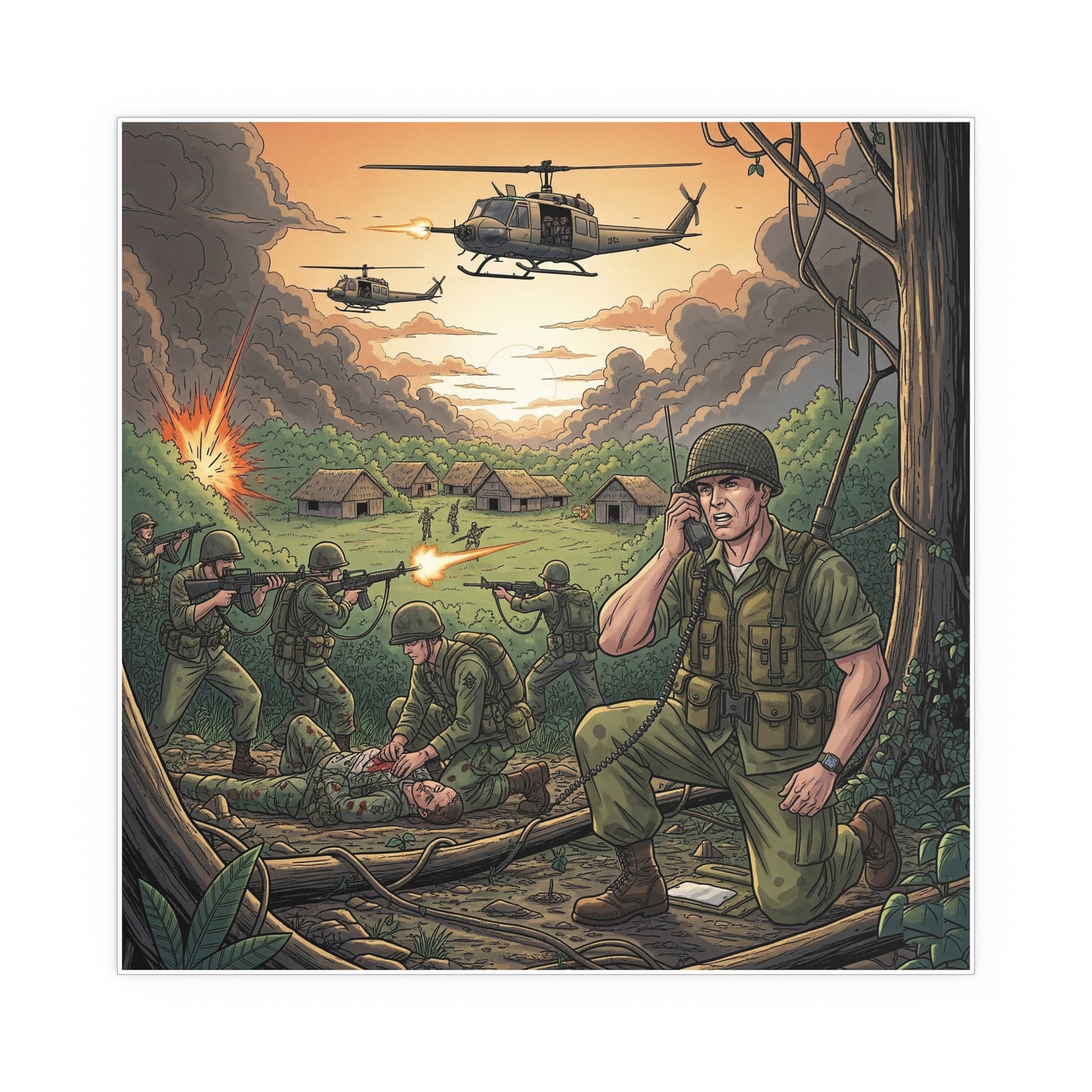 Indoor and Outdoor Silk Posters - Vietnam Patrol Fire Fight Requesting Medevac