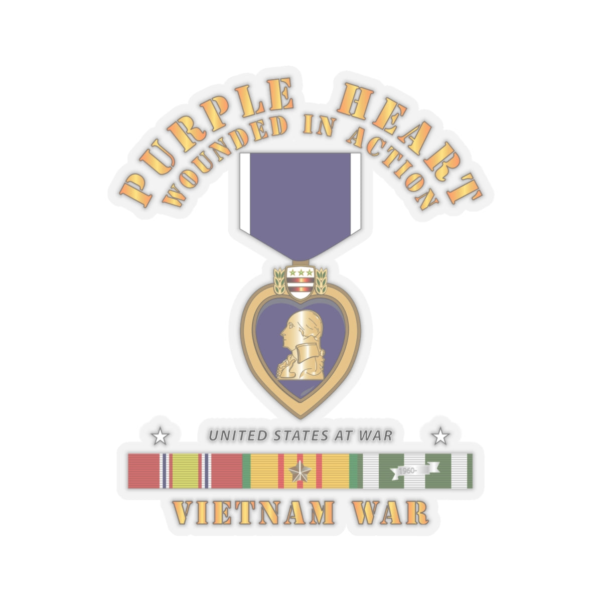 Kiss-Cut Stickers - Purple Heart - Wounded In Action w Vietnam Service Ribbons