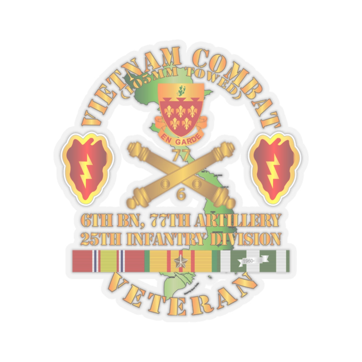 Kiss-Cut Stickers - Vietnam Combat Veteran w 6th Bn 77th Artillery DUI -25th Infantry Div