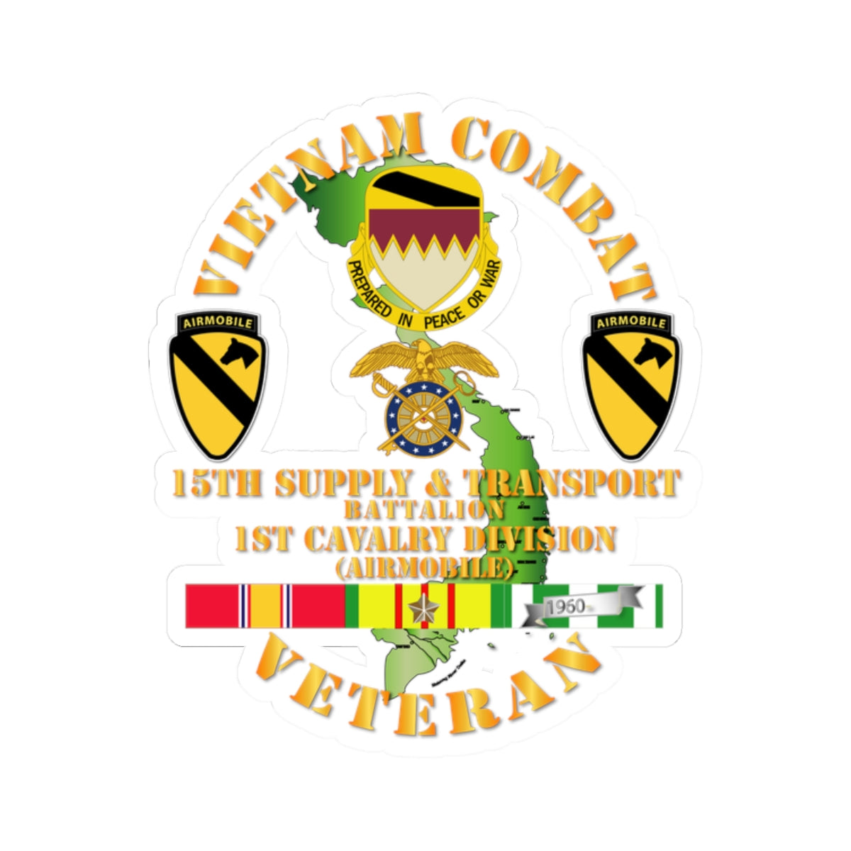 Kiss-Cut Stickers - Vietnam Combat Cavalry Veteran w 15th Supply & Transport Bn - 1st Cav Div