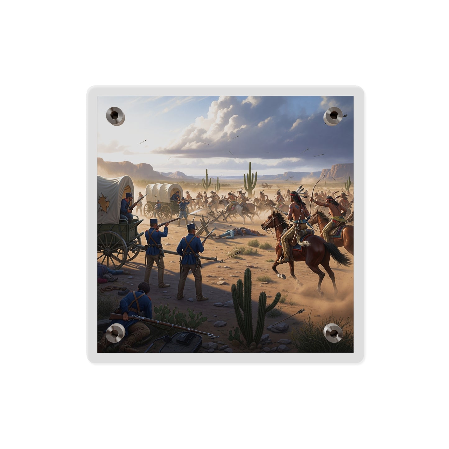 Acrylic Wall Art Panel - Apache Indians attacking a US Army defending a wagon train