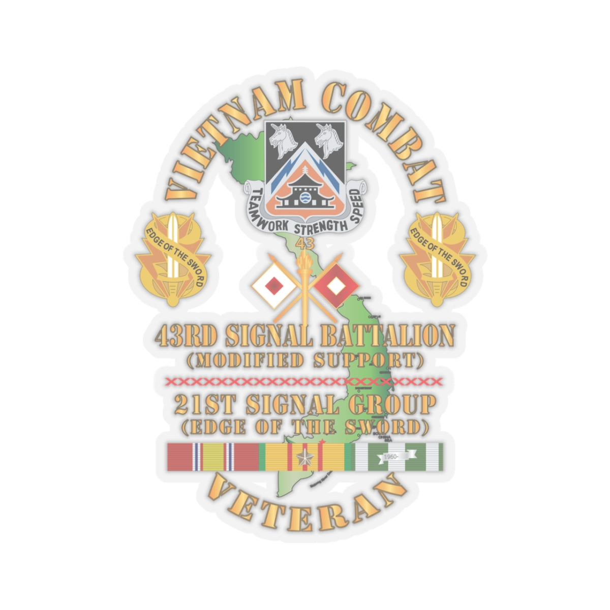 Kiss-Cut Stickers - Vietnam Combat Veteran - 43rd Signal Bn, 21st Signal Group DUI w VN SVC X 300