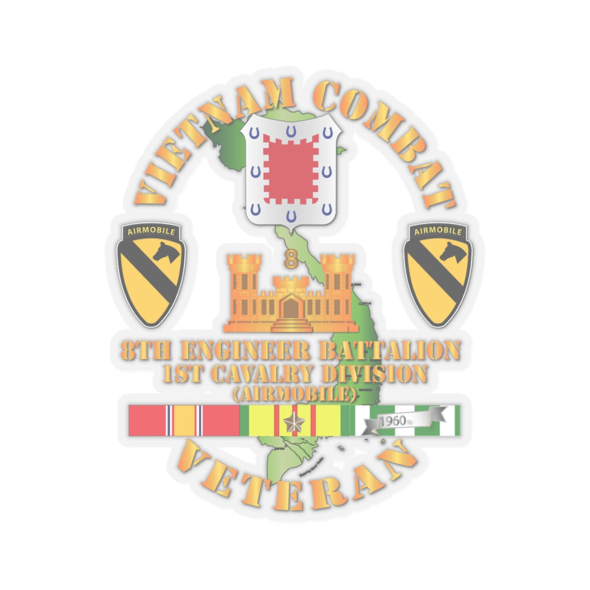Kiss-Cut Stickers - Vietnam Combat Cavalry Veteran w 8th Engineer Bn - 1st Cav Div