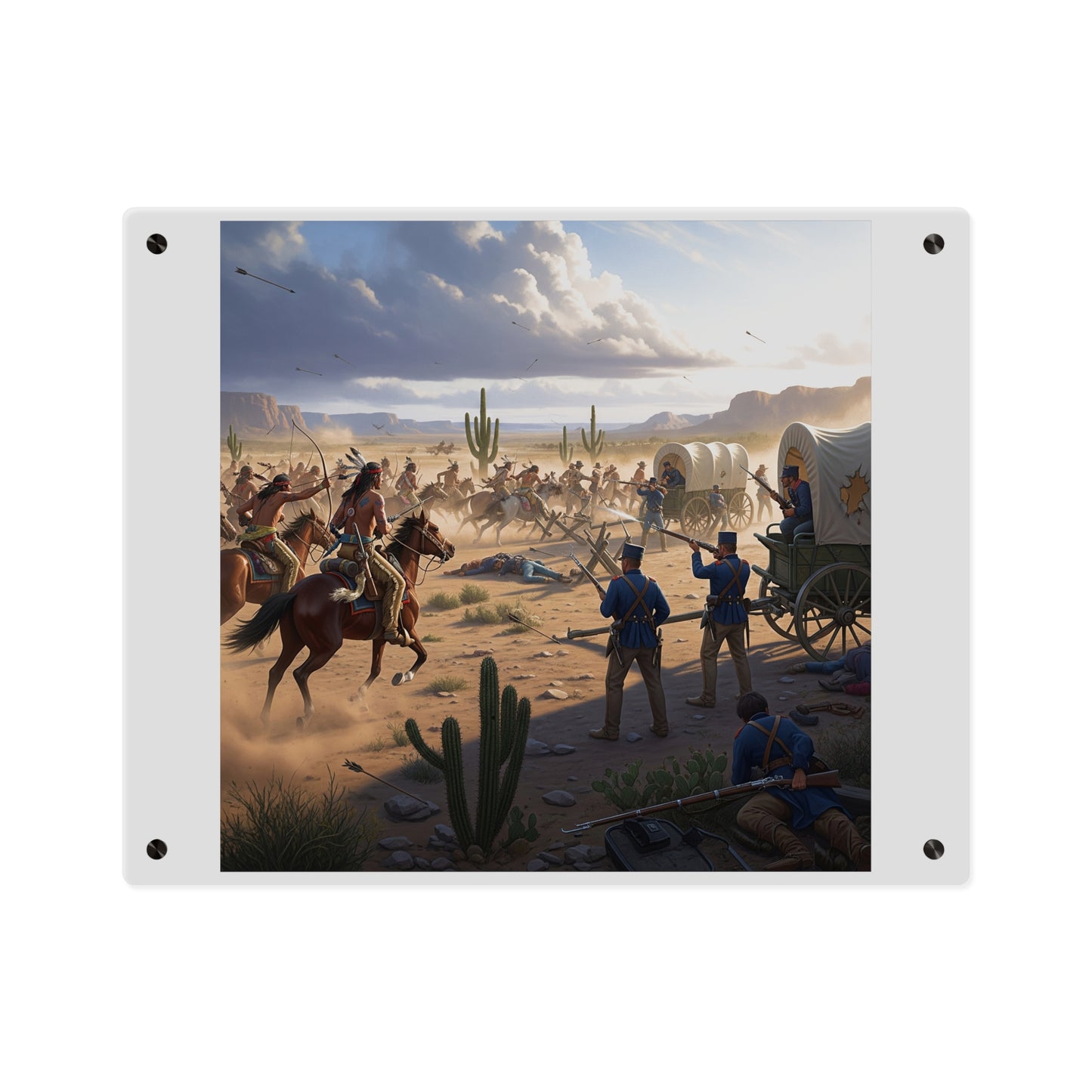 Acrylic Wall Art Panel - Apache Indians attacking a US Army defending a wagon train