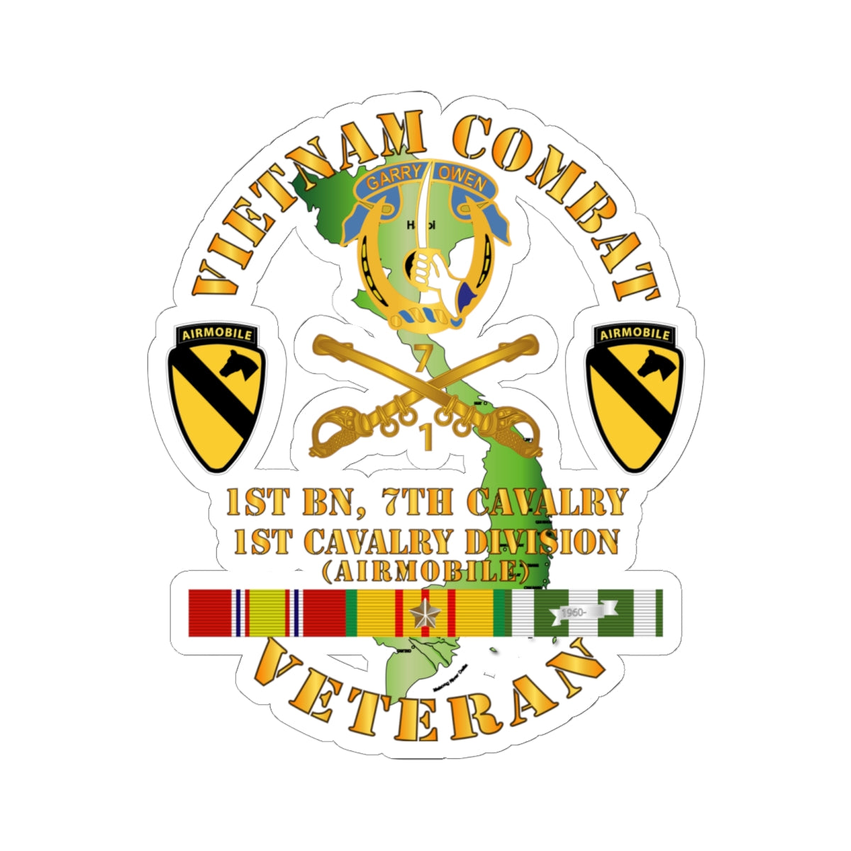 Kiss-Cut Stickers - Vietnam Combat Cavalry Veteran w 1st Bn 7th Cav DUI - 1st Cav Div