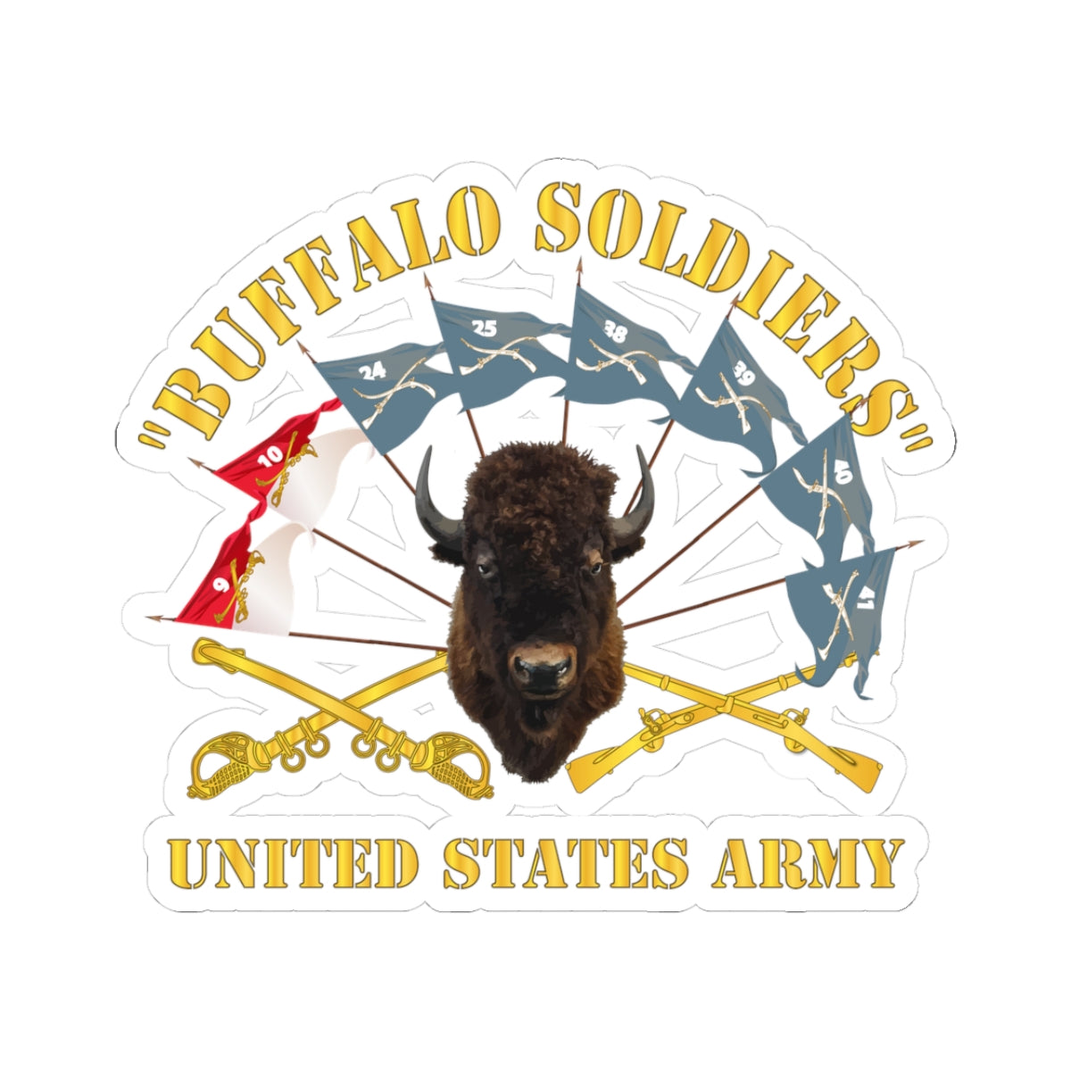 Kiss-Cut Stickers - Buffalo Soldiers - Infantry - Cavalry Guidons w Buffalo Head - US Army X 300