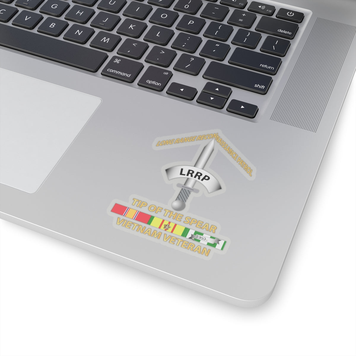 Kiss-Cut Stickers - Badge - Long Range Reconnaissance Patrol - Tip of the Spear - Vietnam Veteran with Service Ribbons