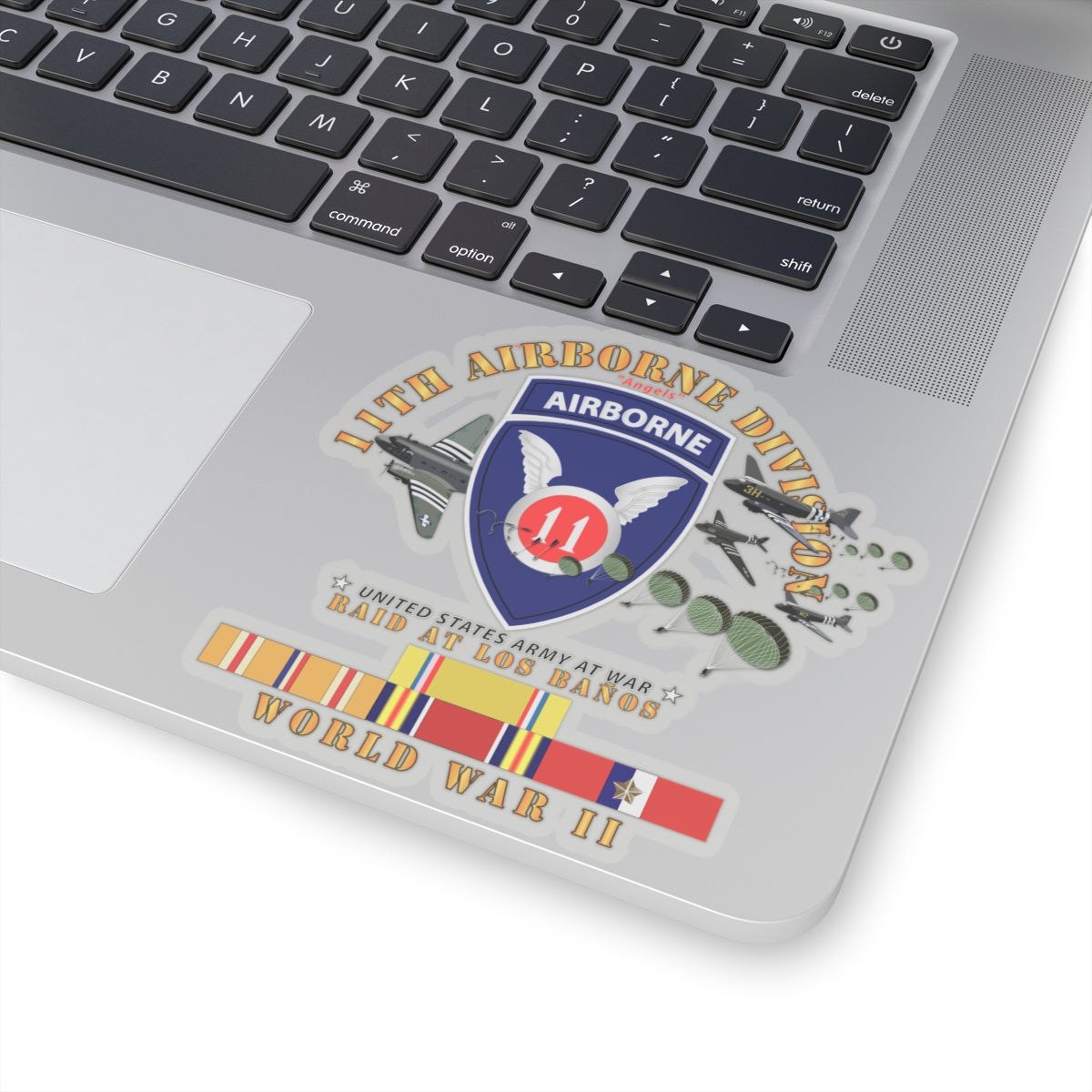 Kiss-Cut Stickers - 11th Airborne Division - Raid at Los Baños W Jumpers - WWII w PAC SVC