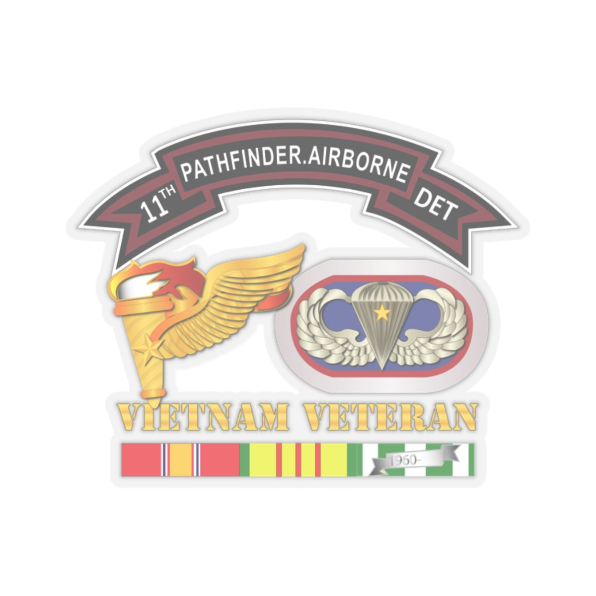 Kiss-Cut Stickers - 11th Pathfinder Det - VN Vet w Abn Badge Cbt Star PathFinder