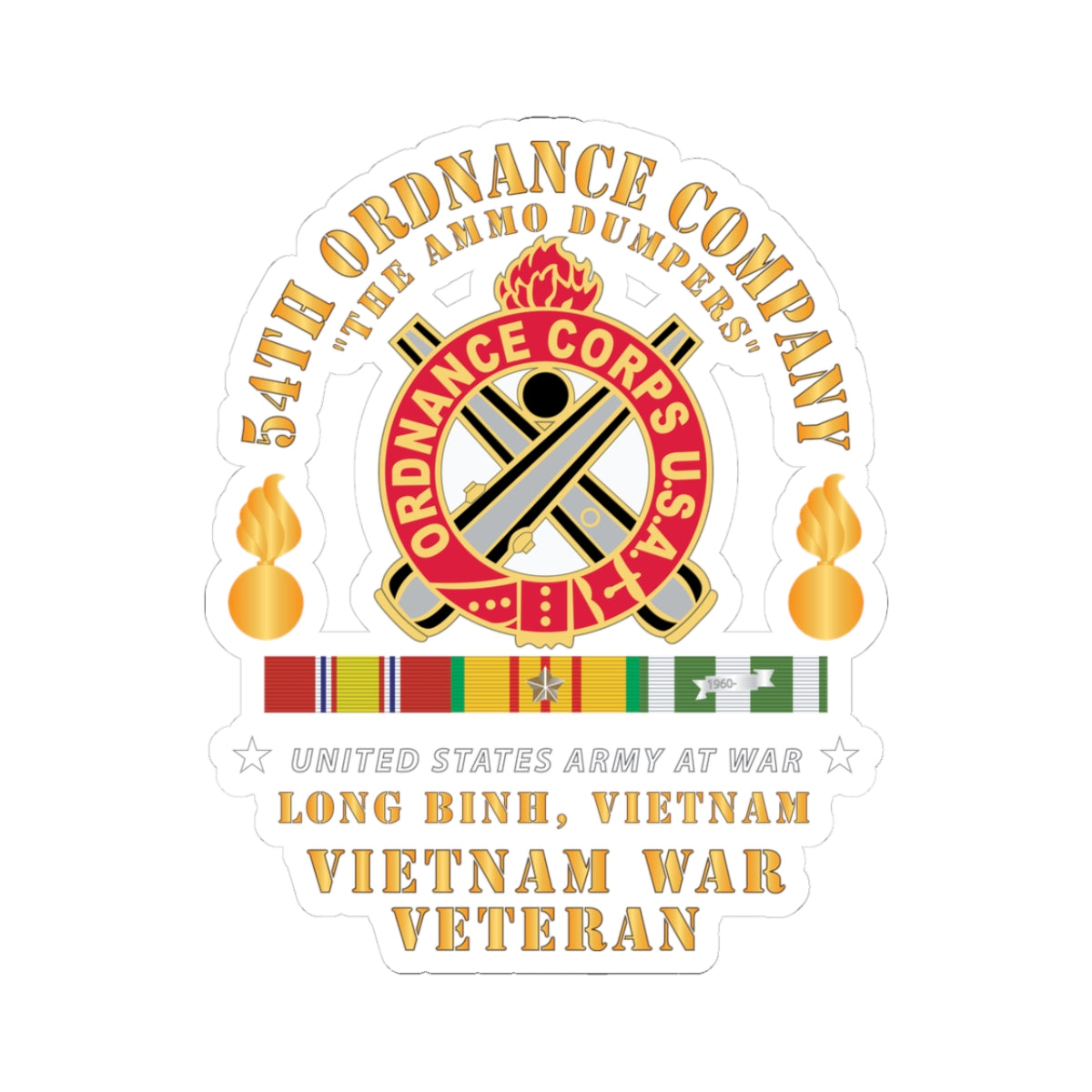Kiss-Cut Stickers - 54th Ordnance Company - ORD Emblem - Ammo Dumpers - Long Binh, Vietnam Vet w VN SVC X 300