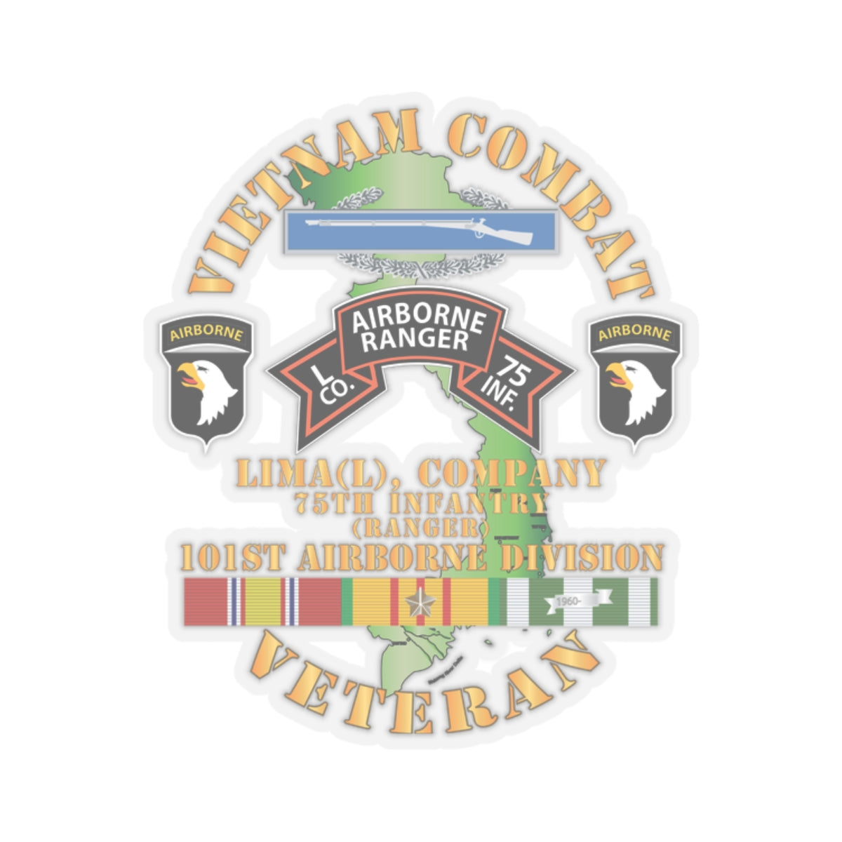 Kiss-Cut Stickers - Vietnam Combat Vet - L Co 75th Infantry (Ranger) - 101st Airborne Div SSI