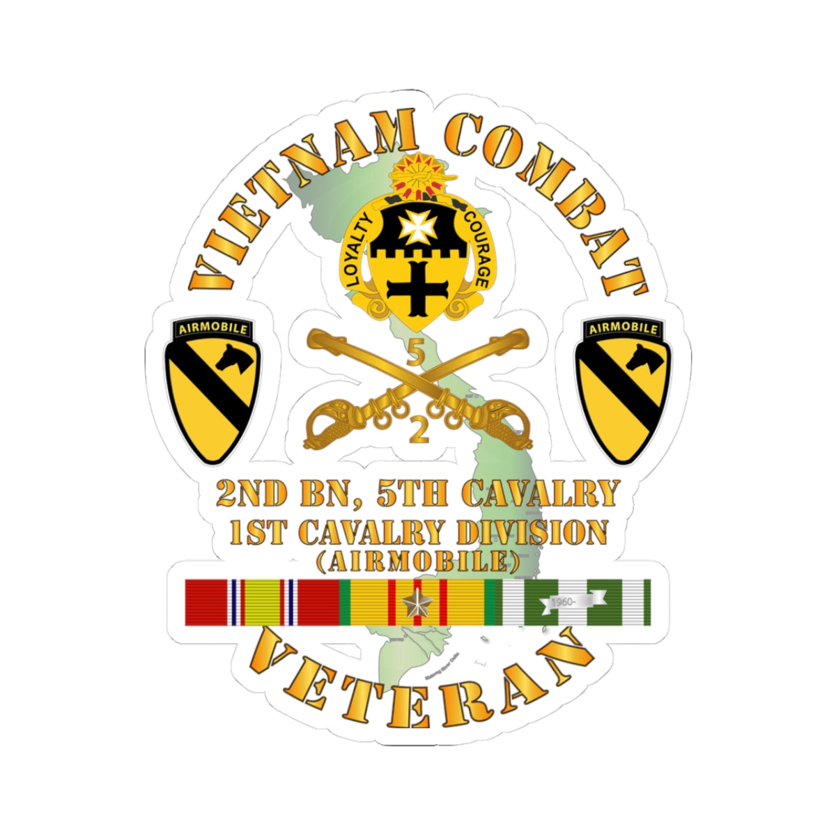Kiss-Cut Stickers - Vietnam Combat Cavalry Veteran w 2nd Bn 5th Cav DUI - 1st Cav Div