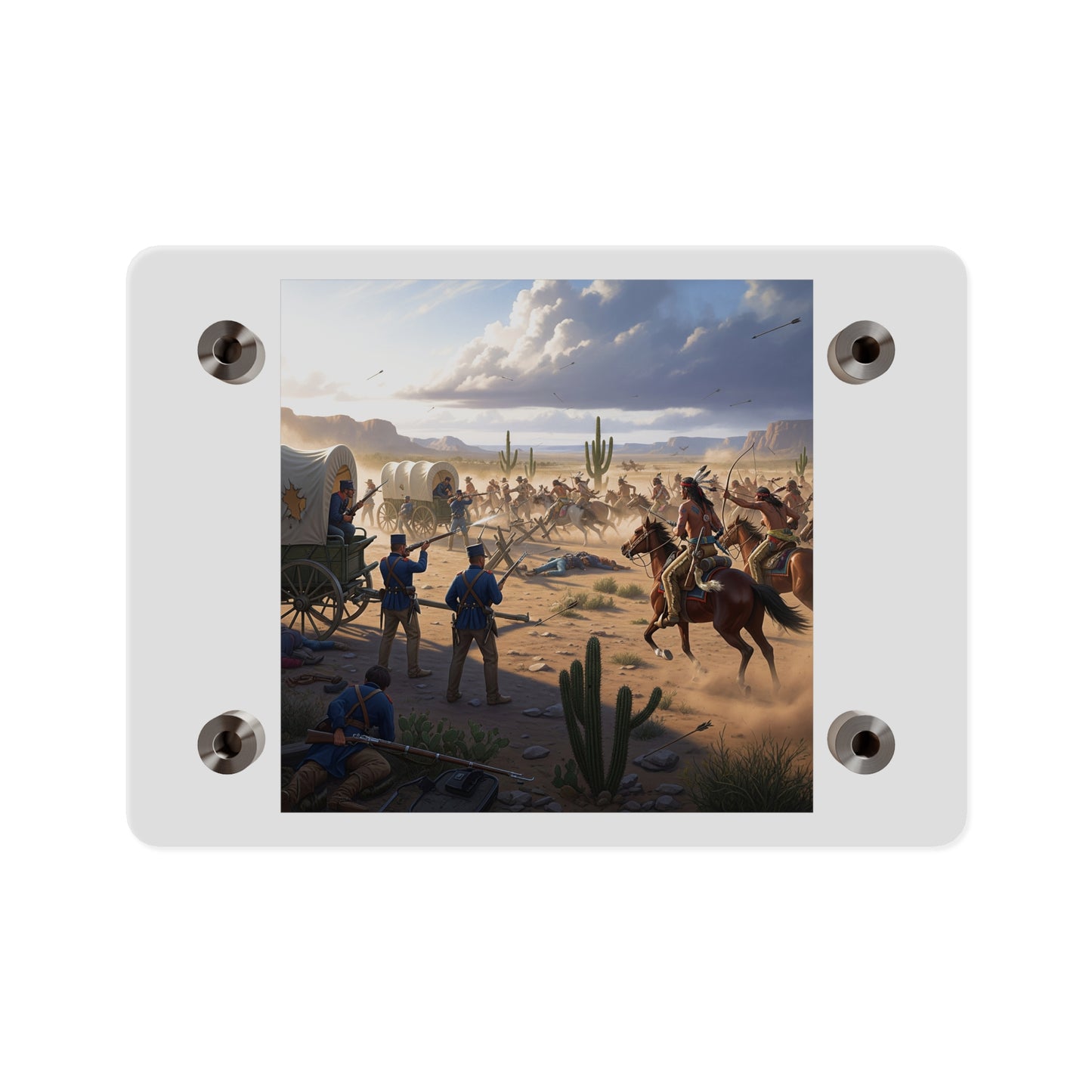 Acrylic Wall Art Panel - Apache Indians attacking a US Army defending a wagon train