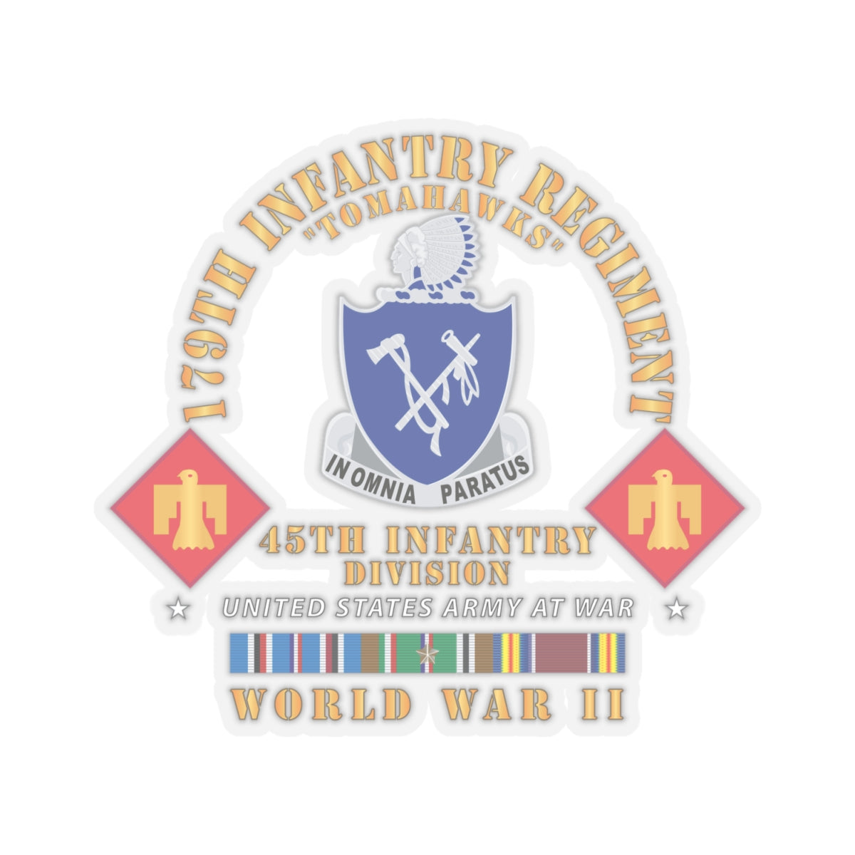 Kiss-Cut Stickers - 179th Infantry Regiment - Tomahawks - DUI - 45th ID - WWII w EUR SVC X 300