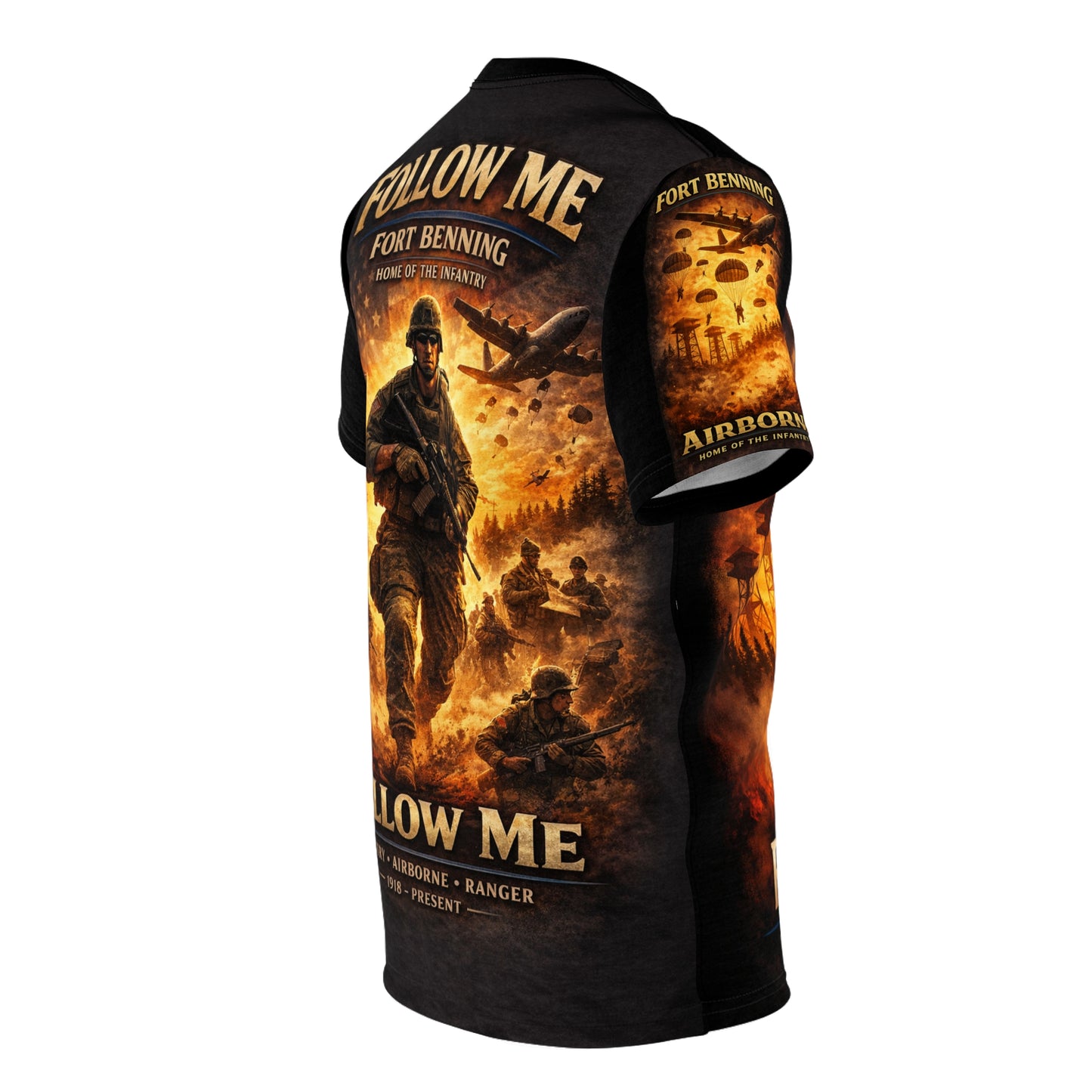 Fort Benning Infantry Tribute All‑Over Print Tee — "Follow Me, I Am the Infantry"