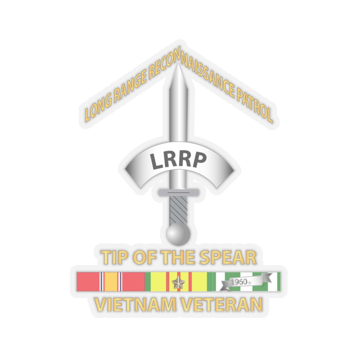 Kiss-Cut Stickers - Badge - Long Range Reconnaissance Patrol - Tip of the Spear - Vietnam Veteran with Service Ribbons