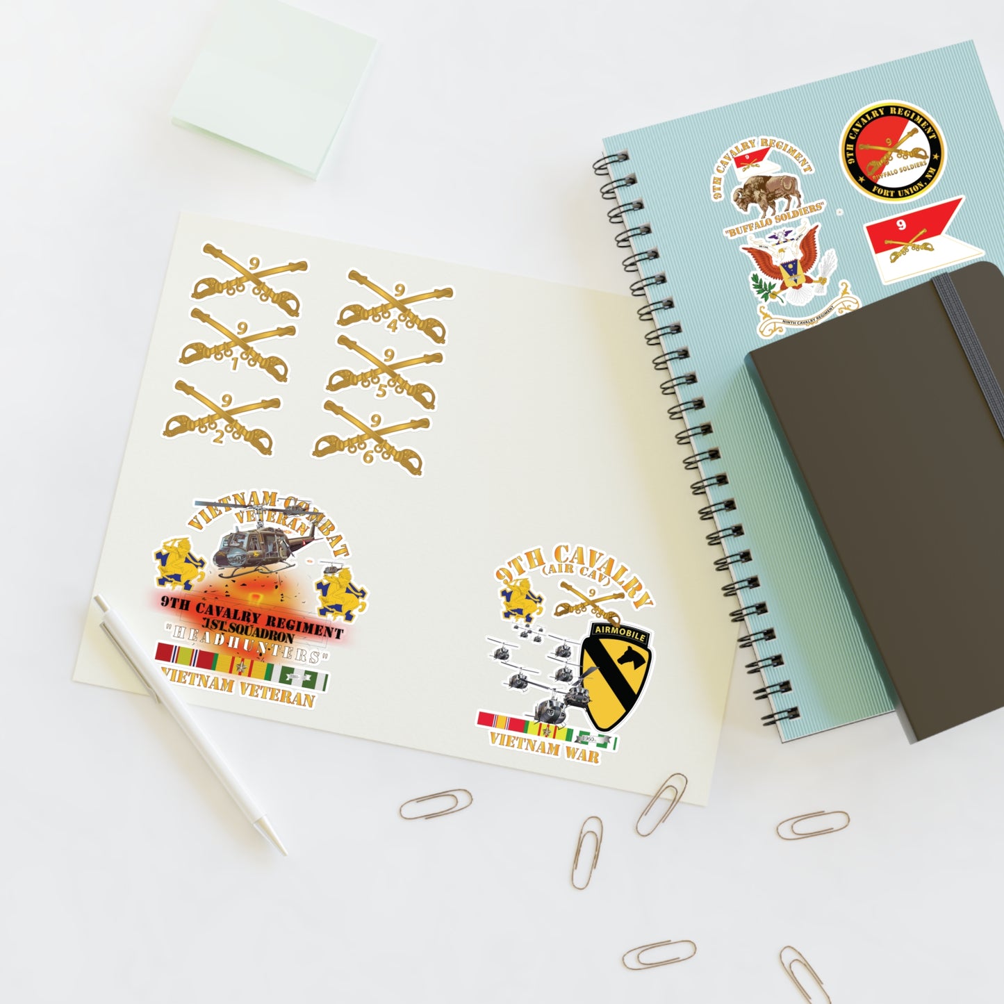 Military Sticker Sheets, 9th Cavalry Regiment with All Squadron Branch Insignia, Buffalo Soldiers, Air Cav, Headhunters Versions