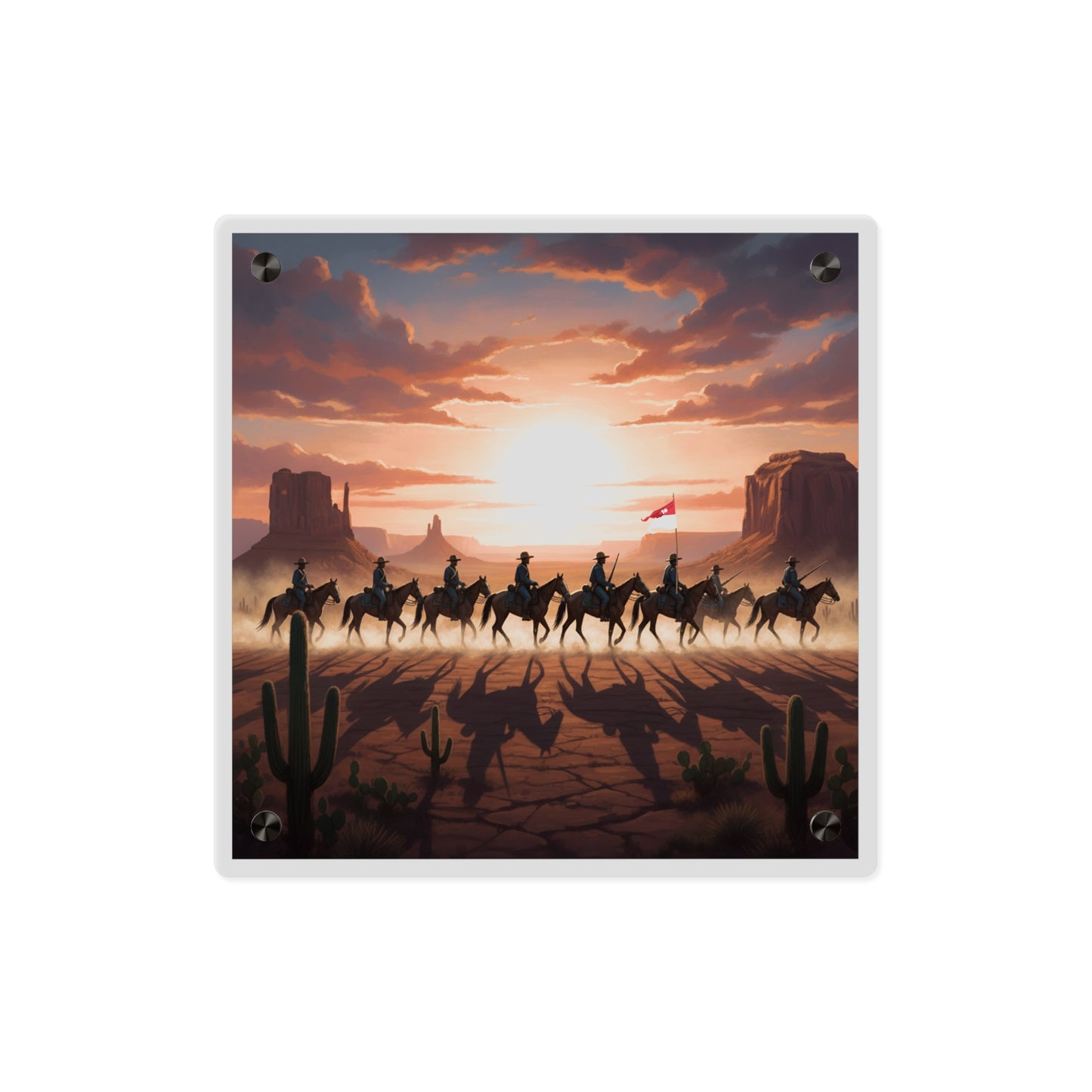 Acrylic Wall Art Panel - 10th Cavalry on Patrol in the sunset w 10th Cav Guidon