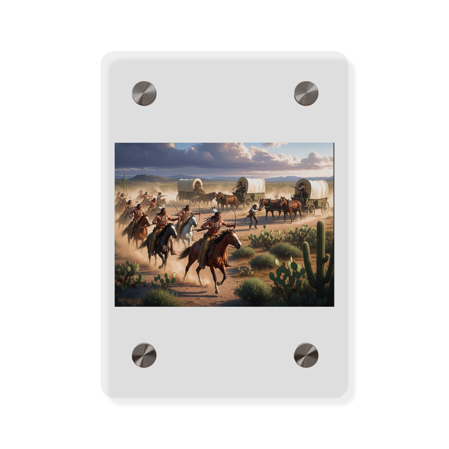 Acrylic Wall Art Panel - Apache Indians attacking a wagon train