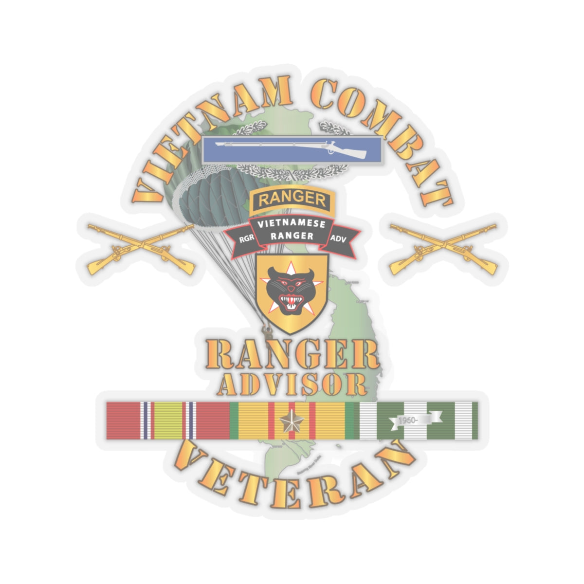 Kiss-Cut Stickers - Vietnam Combat Infantry Vet w Vietnamese Ranger Advisor w Parachute X 300