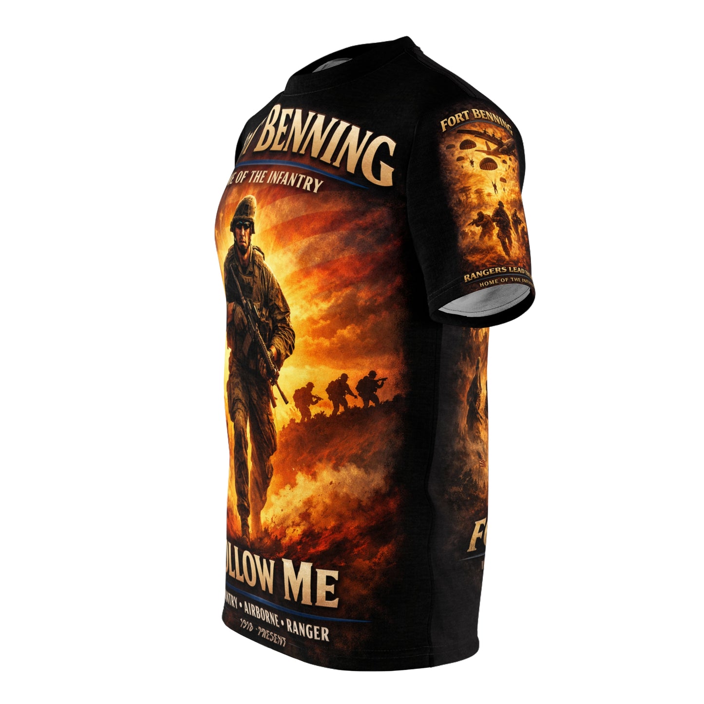 Fort Benning Infantry Tribute All‑Over Print Tee — "Follow Me, I Am the Infantry"