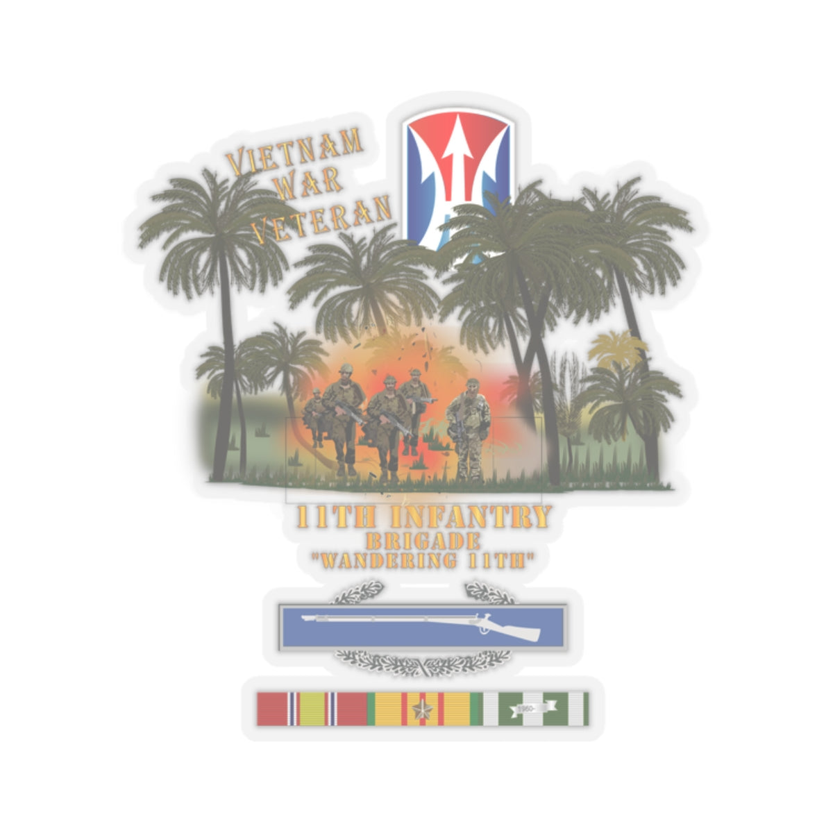 Kiss-Cut Stickers - 11th Light Infantry Brigade - Vietnam Jungle Patrol w Fire X 300