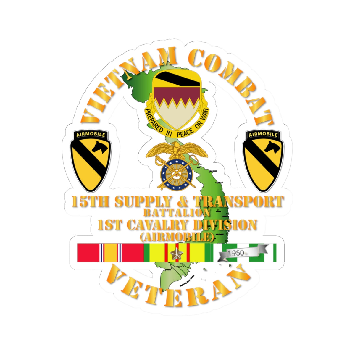 Kiss-Cut Stickers - Vietnam Combat Cavalry Veteran w 15th Supply & Transport Bn - 1st Cav Div