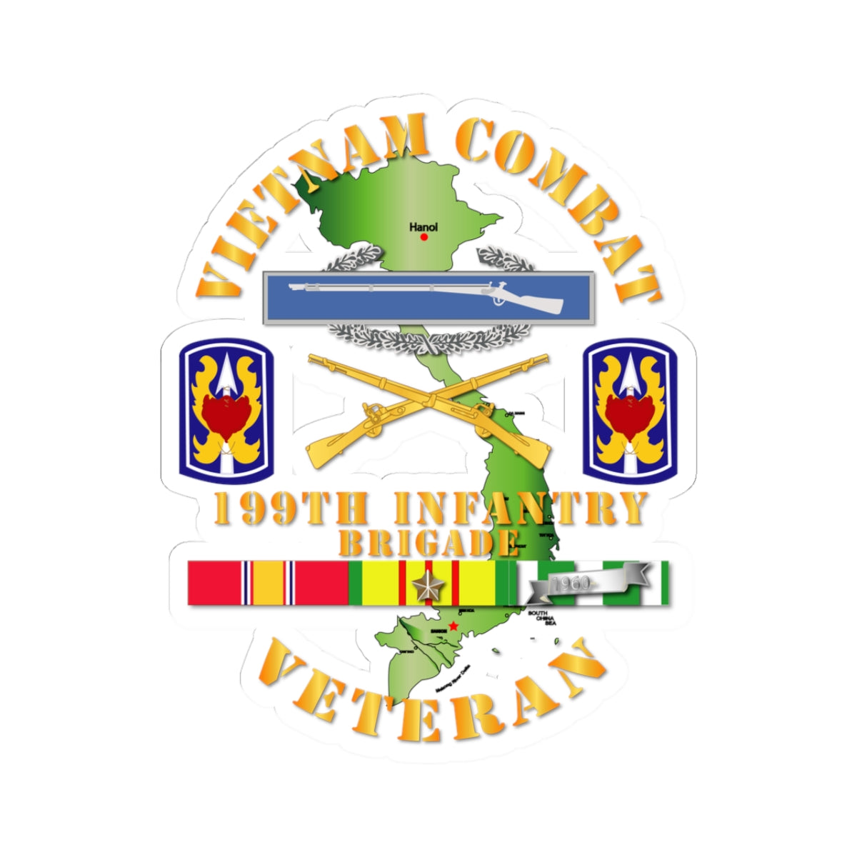 Kiss-Cut Stickers - Vietnam Combat Infantry Veteran w 199th Inf Bde SSI V1