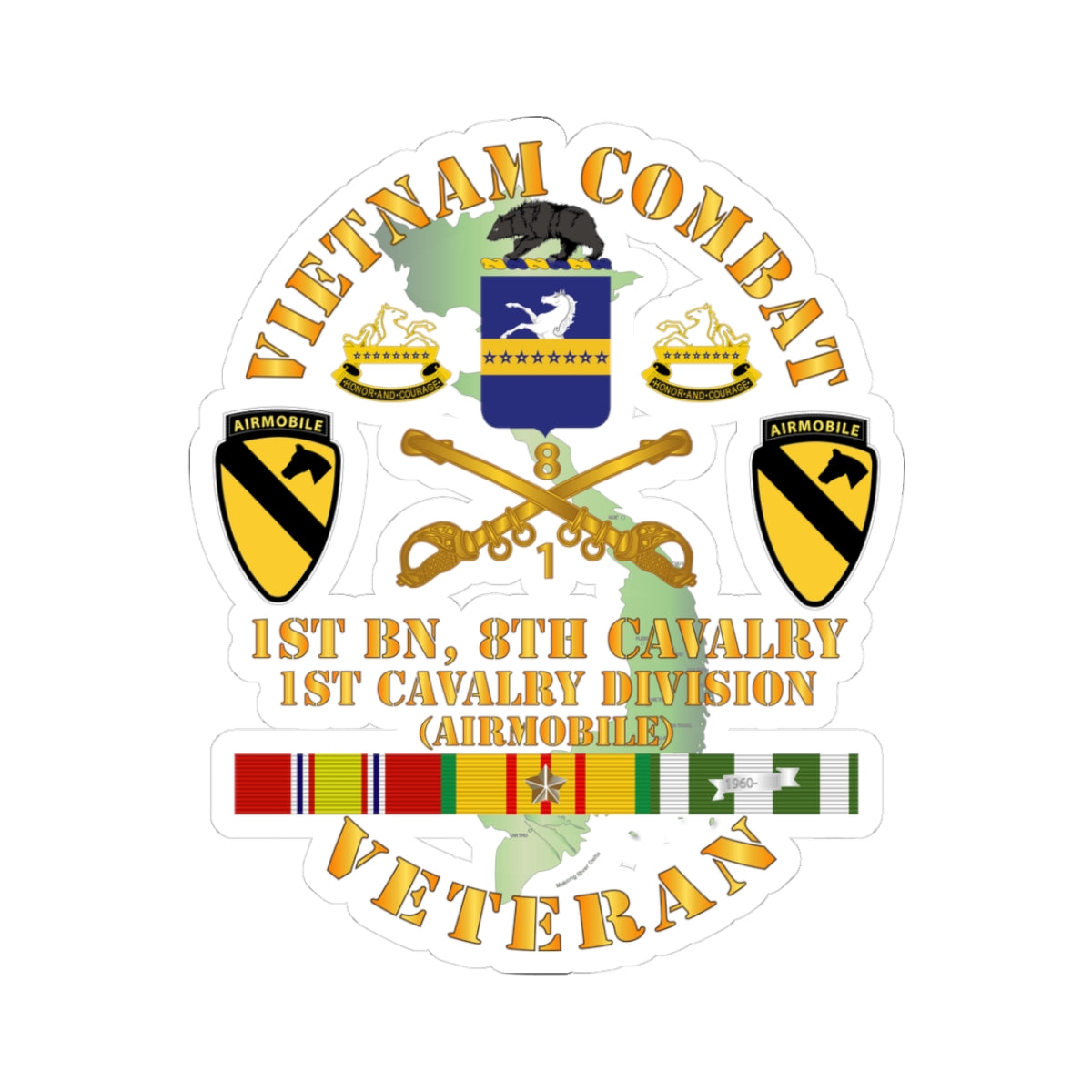 Kiss-Cut Stickers - Vietnam Combat Cavalry Veteran w 1st Bn - 8th Cav COA - 1st Cav Div X 300