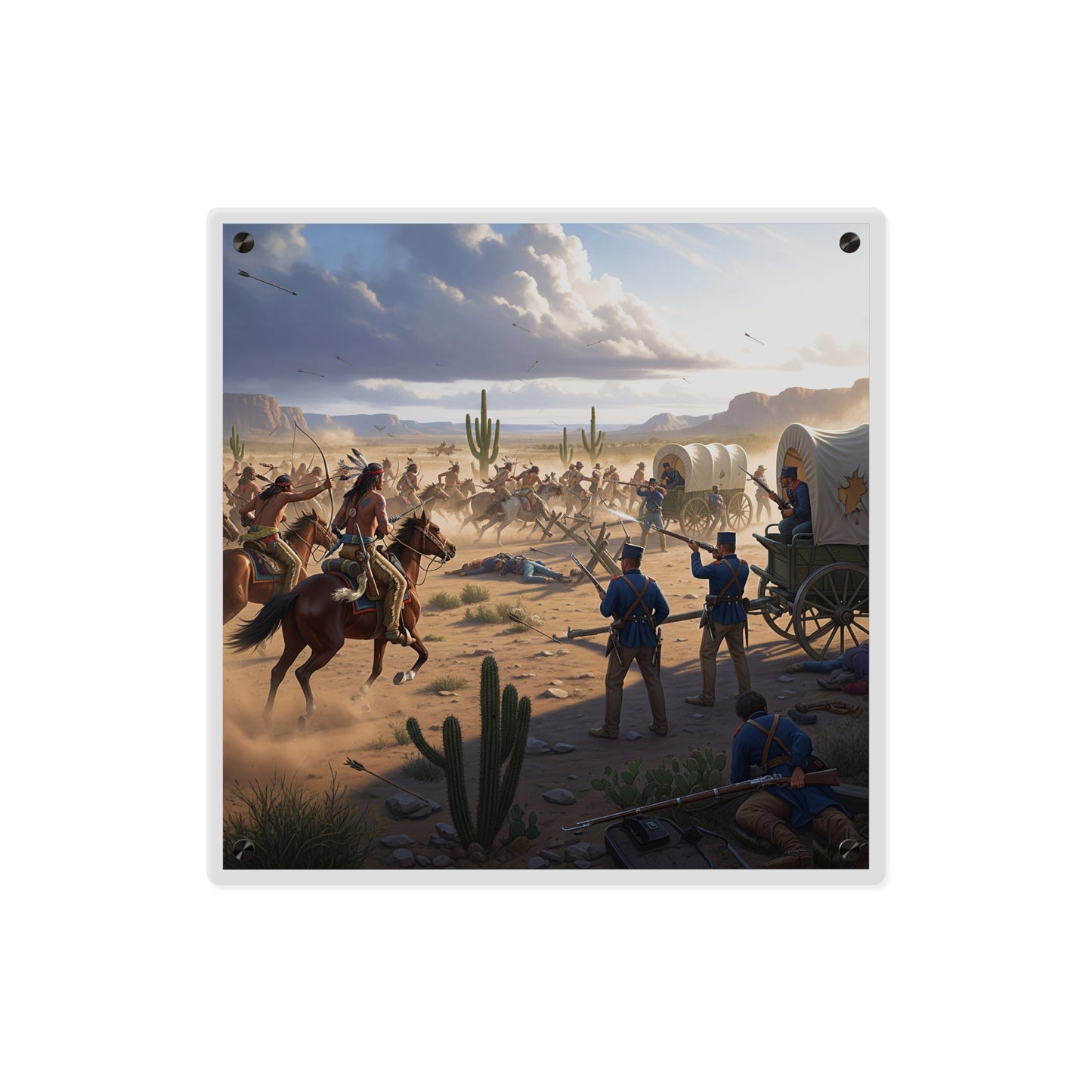 Acrylic Wall Art Panel - Apache Indians attacking a US Army defending a wagon train