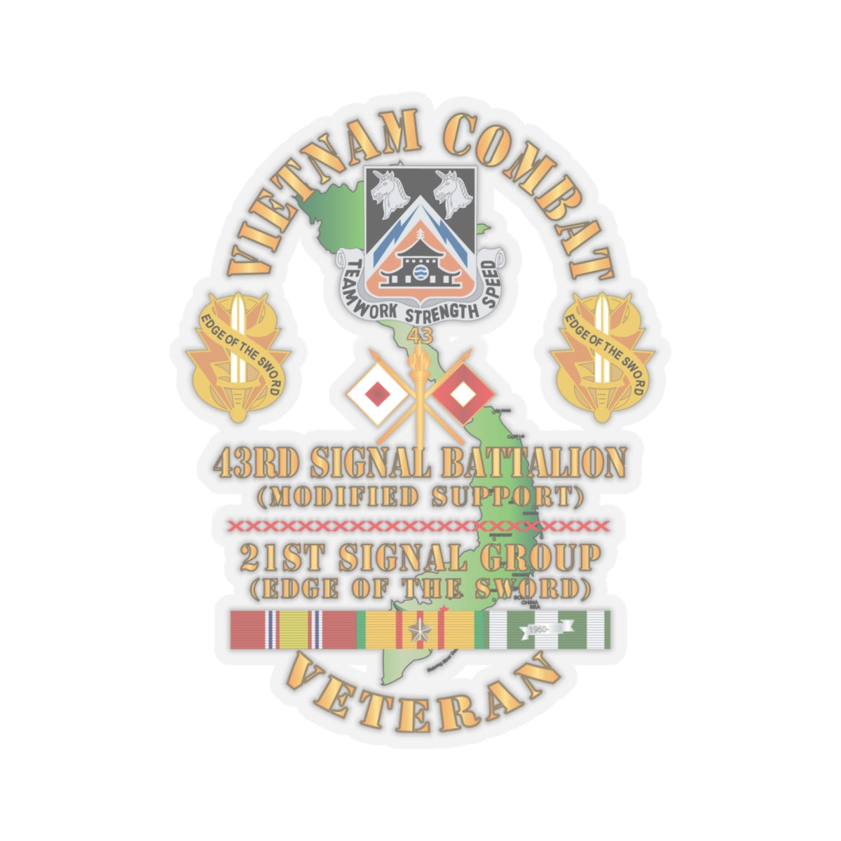Kiss-Cut Stickers - Vietnam Combat Veteran - 43rd Signal Bn, 21st Signal Group DUI w VN SVC X 300