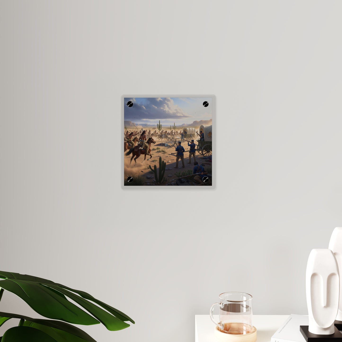 Acrylic Wall Art Panel - Apache Indians attacking a US Army defending a wagon train