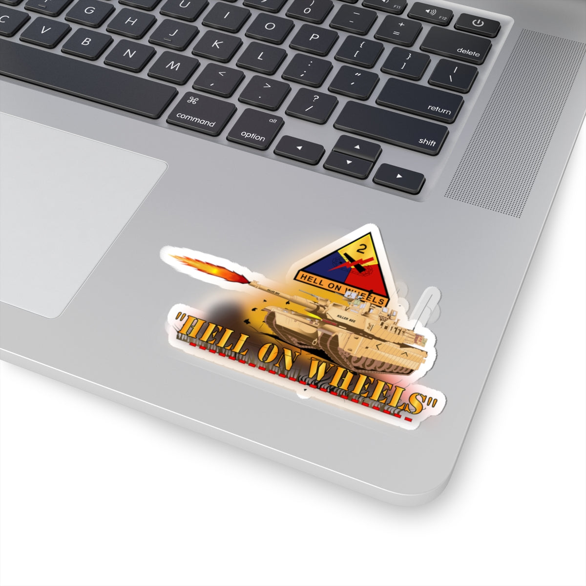 Kiss-Cut Stickers - 2nd Armored Division - M1A1 Tank - Hell on Wheels w Fire X 300