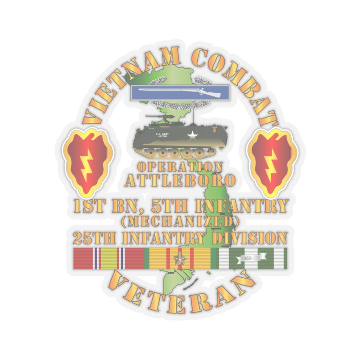 Kiss-Cut Stickers - Vietnam Combat Vet w 1st Bn 5th Inf - 25th Inf Div - Operation Attleboro w VN SVC