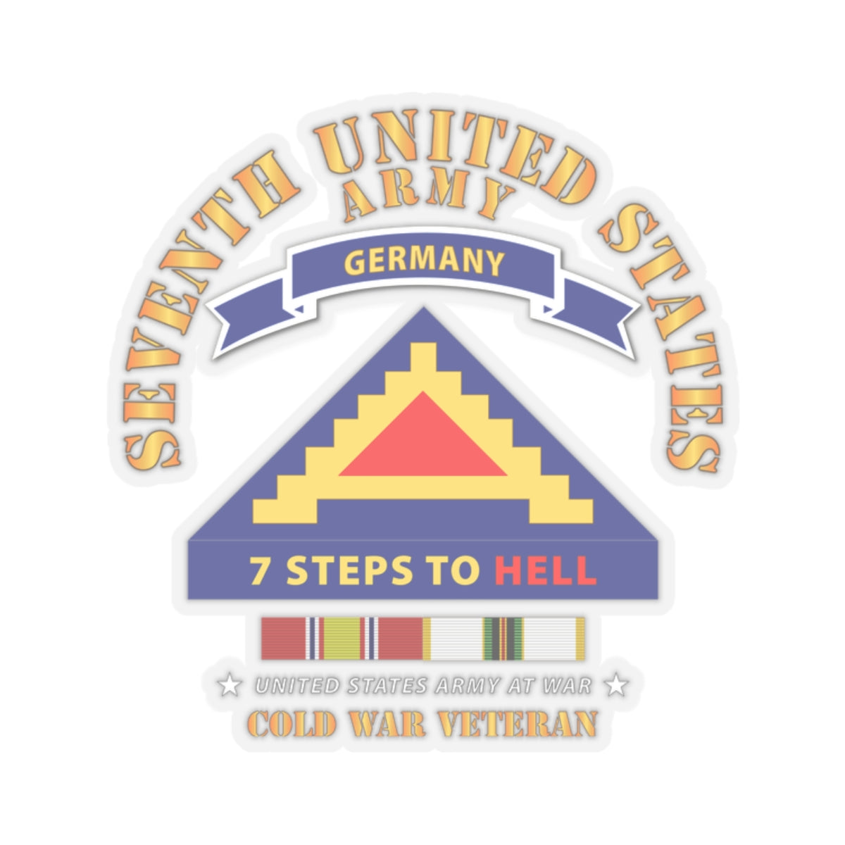 A sticker design featuring the 7th United States Army logo with '7 Steps to Hell' and 'Cold War Veteran' text, along with a representation of the German flag and service stripes.