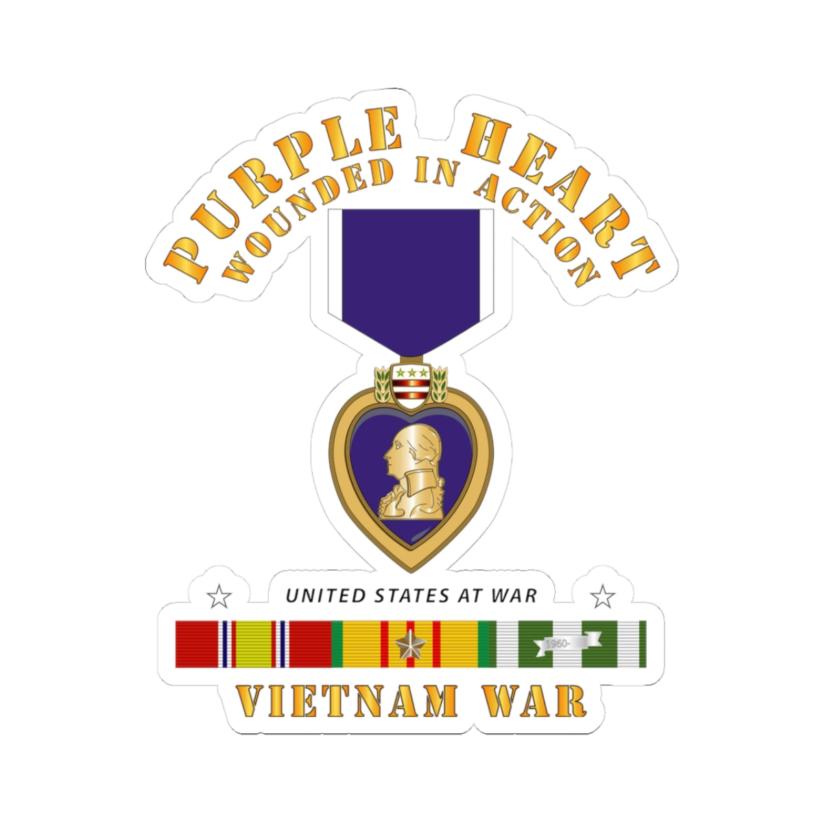 Kiss-Cut Stickers - Purple Heart - Wounded In Action w Vietnam Service Ribbons