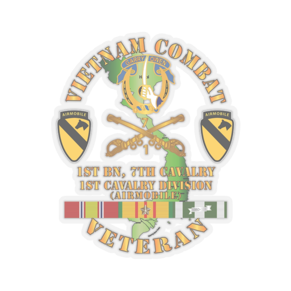 Kiss-Cut Stickers - Vietnam Combat Cavalry Veteran w 1st Bn 7th Cav DUI - 1st Cav Div