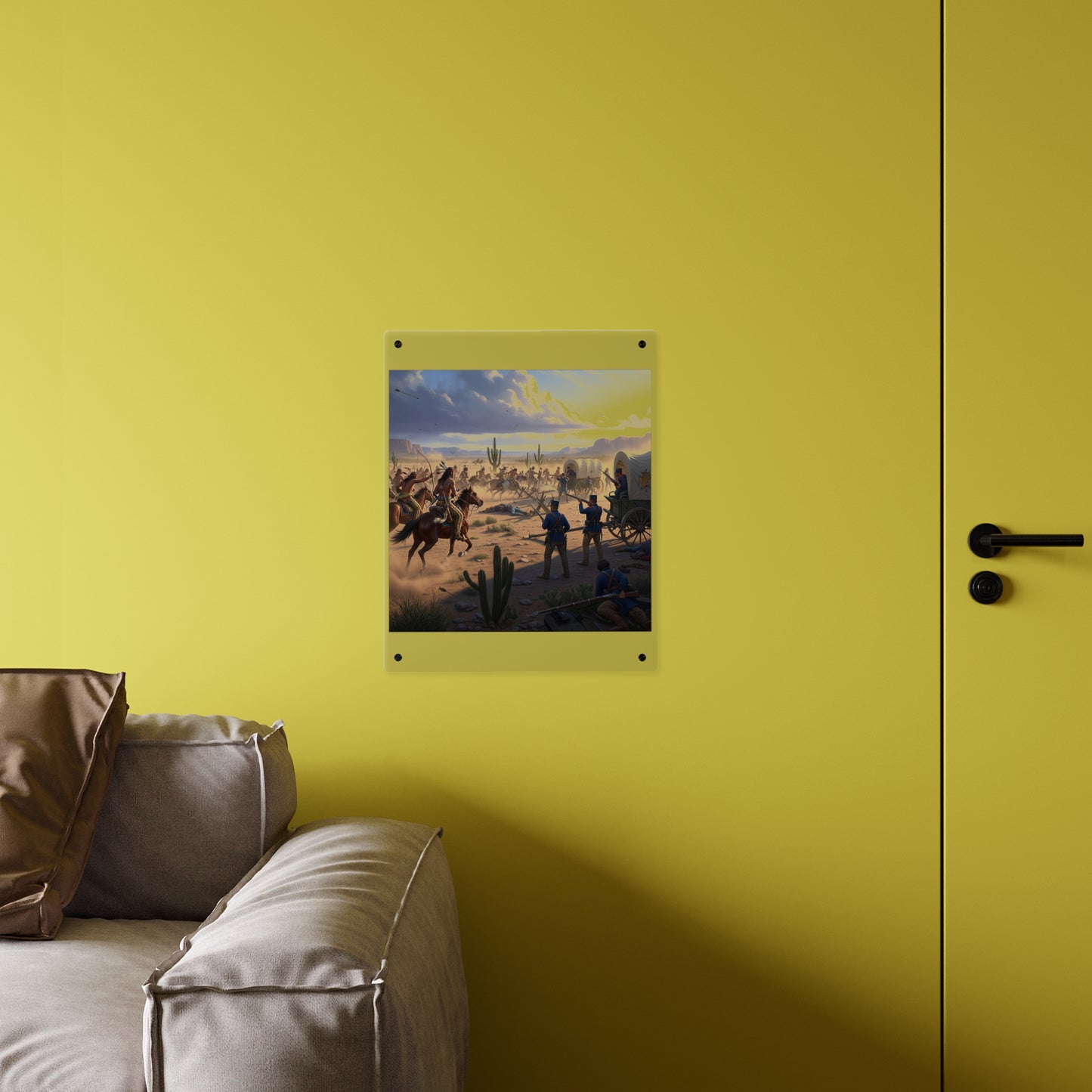 Acrylic Wall Art Panel - Apache Indians attacking a US Army defending a wagon train