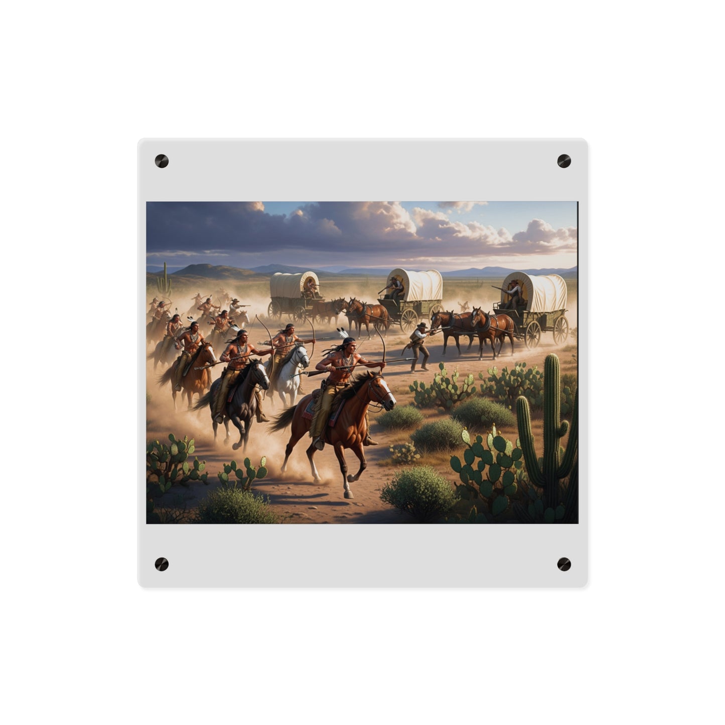 Acrylic Wall Art Panel - Apache Indians attacking a wagon train
