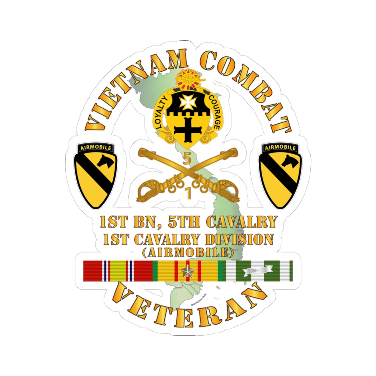 Kiss-Cut Stickers - Vietnam Combat Cavalry Veteran w 1st Bn 5th Cav DUI - 1st Cav Div